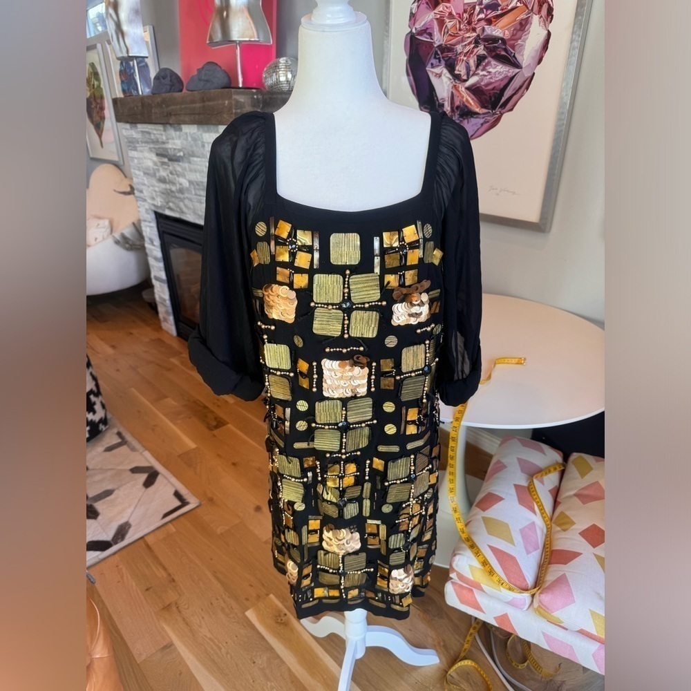 Emilio Pucci Black Gold Beaded Sequin Dress Size 42